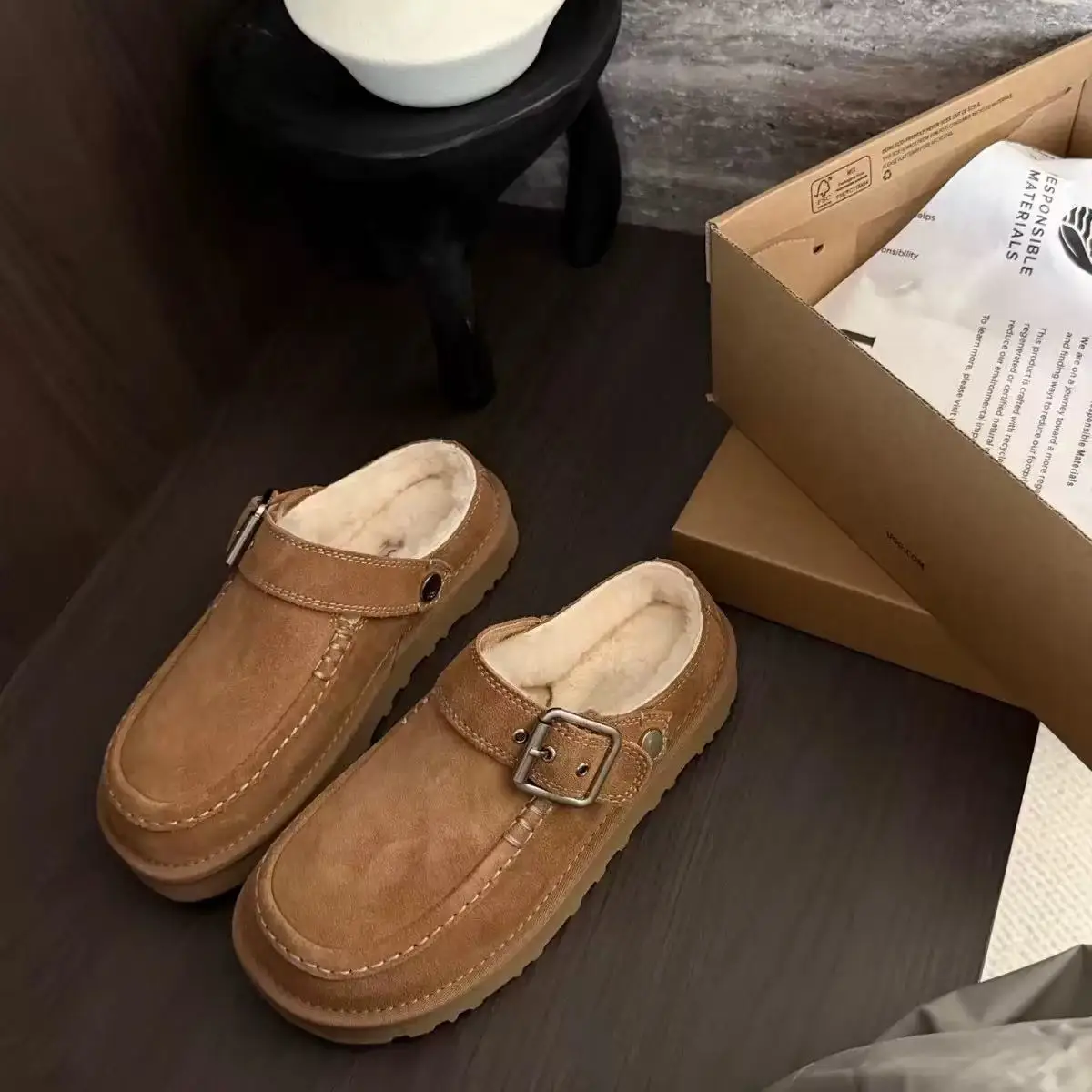 2026 Neue Winter-Hausschuhe aus Schafwolle mit integrierter, dicker Sohle für Damen, Retro-Zehenwickel-Müller-Schuhe für den Außenbereich – Detail 4