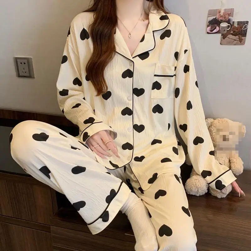 Spring Autumn New Women Simple Light Luxury Fashion Skin friendly Comfort Casual Long sleeved Pajamas Two piece Home Clothes Set