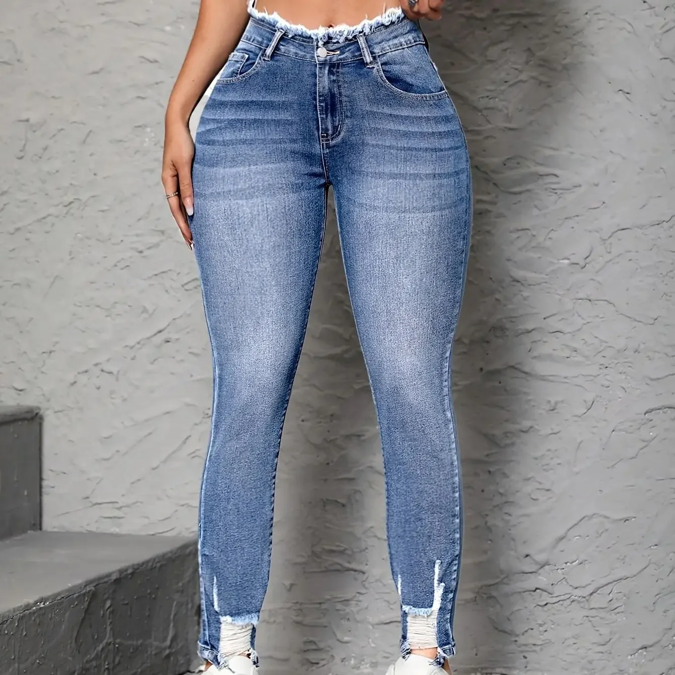 Celana Jeans Y2k Wanita Vintage Distressed Ripped High Waist Skinny Stretch Denim Retro Street Fashion Trend