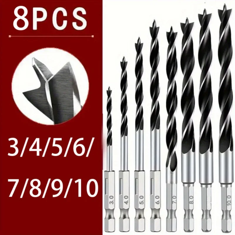 8 pièces-3/4/5/6/7/8/9/10mm 1/4 poignée hexagonale positionnement à trois points foret à bois