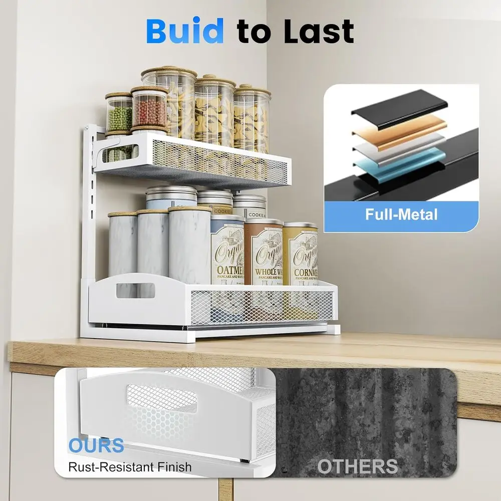 Metal Under Sink Organizer, Pull Out Cabinet Organizer Rack with Silk-Smooth Bottom Drawer, 5-Level Adjustable, Multi-Purpose St