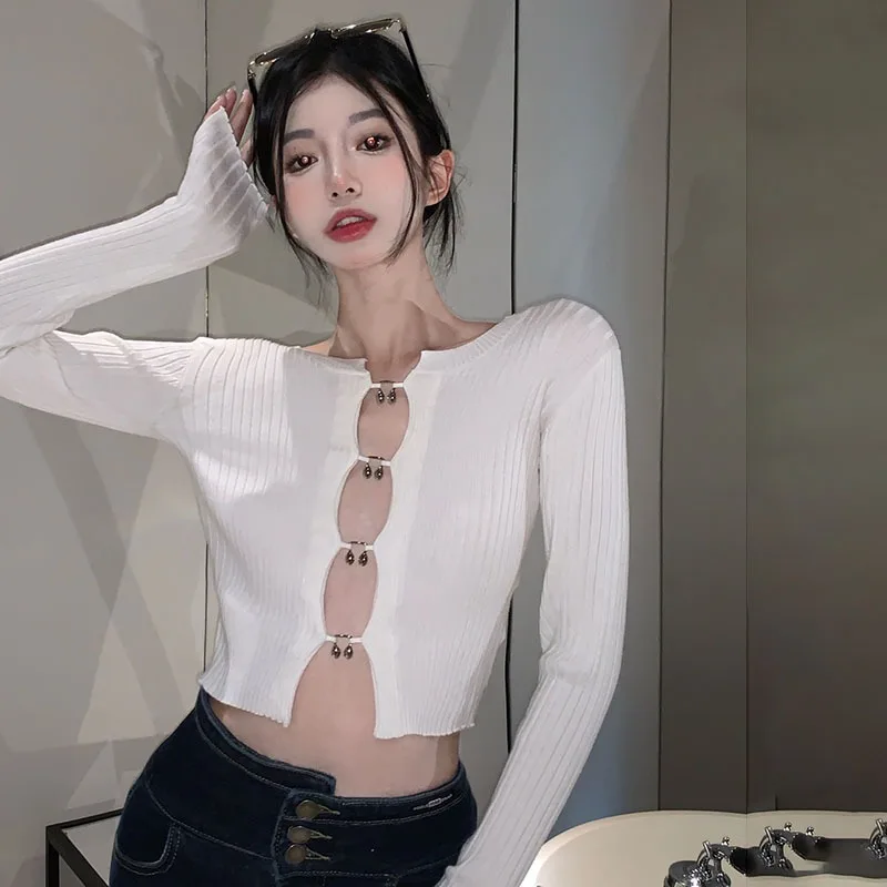 

Ladies Knitwear Fashion Sexy Cropped Design Top Cutout Solid Color Knitted Long Sleeves Cargidan