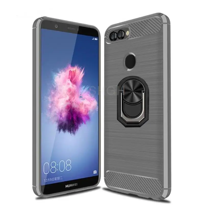 For Cover Huawei P Smart FIG-LX1 FIG-LX2 Brushed Carbon Fiber Silicone Case For Huawei P Smart Magnetic Ring Stand Cover