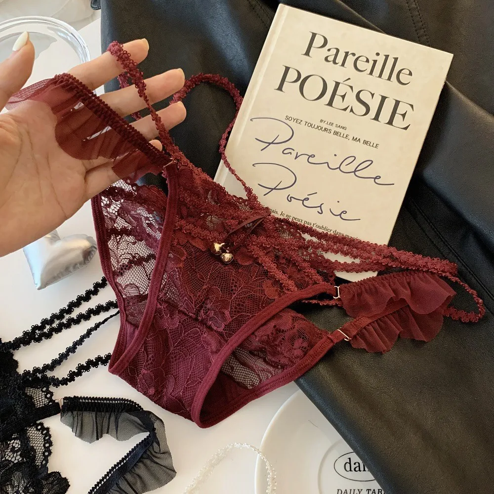 Braguitas de encaje transparente con volantes y decoración de campana, elegantes y suaves, para mujer, ideales para citas románticas o uso diario en casa.
