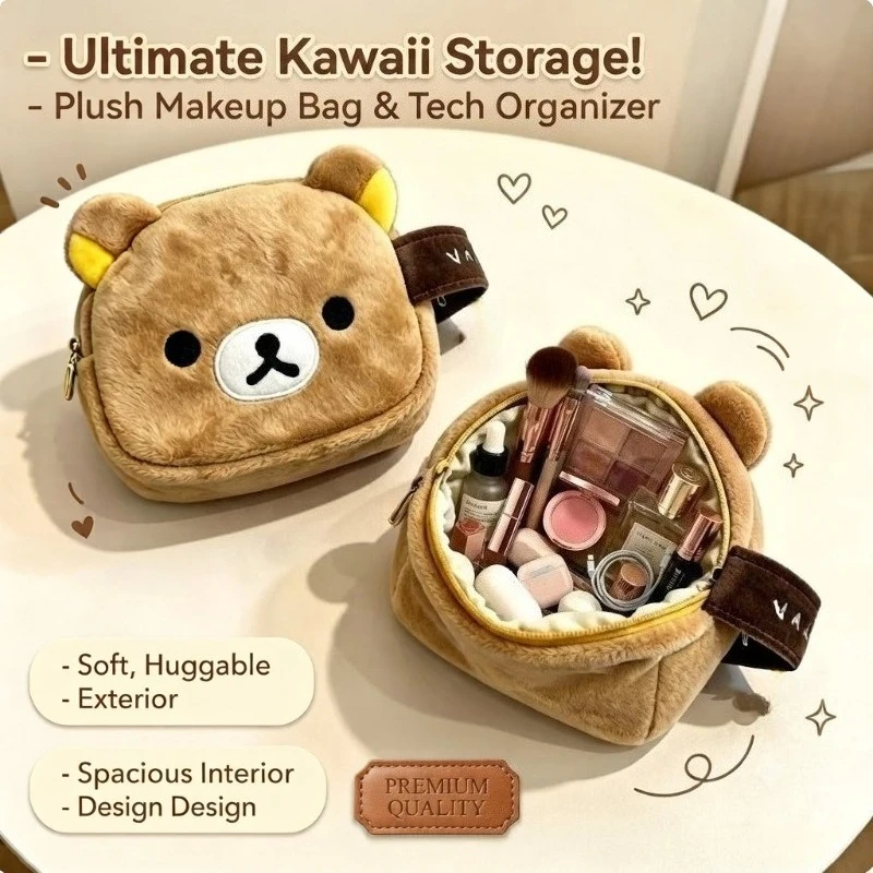 Bolsa de Transporte Macia e Fofa em Formato de Urso, Necessaire Grande de Desenho Animado para Maquiagem, Armazenamento Multiuso para Artigos de Papelaria e Diversos, para Mulheres, Viagens e Uso Diário