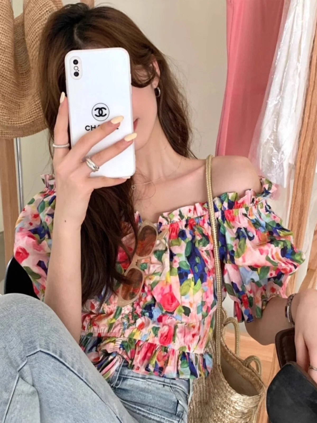 Chic Floral ort irt Women's Bubble Sve Top Sweet Youthful Knot Design Korean Sle Slim Fit Commute Faion Spring Col...