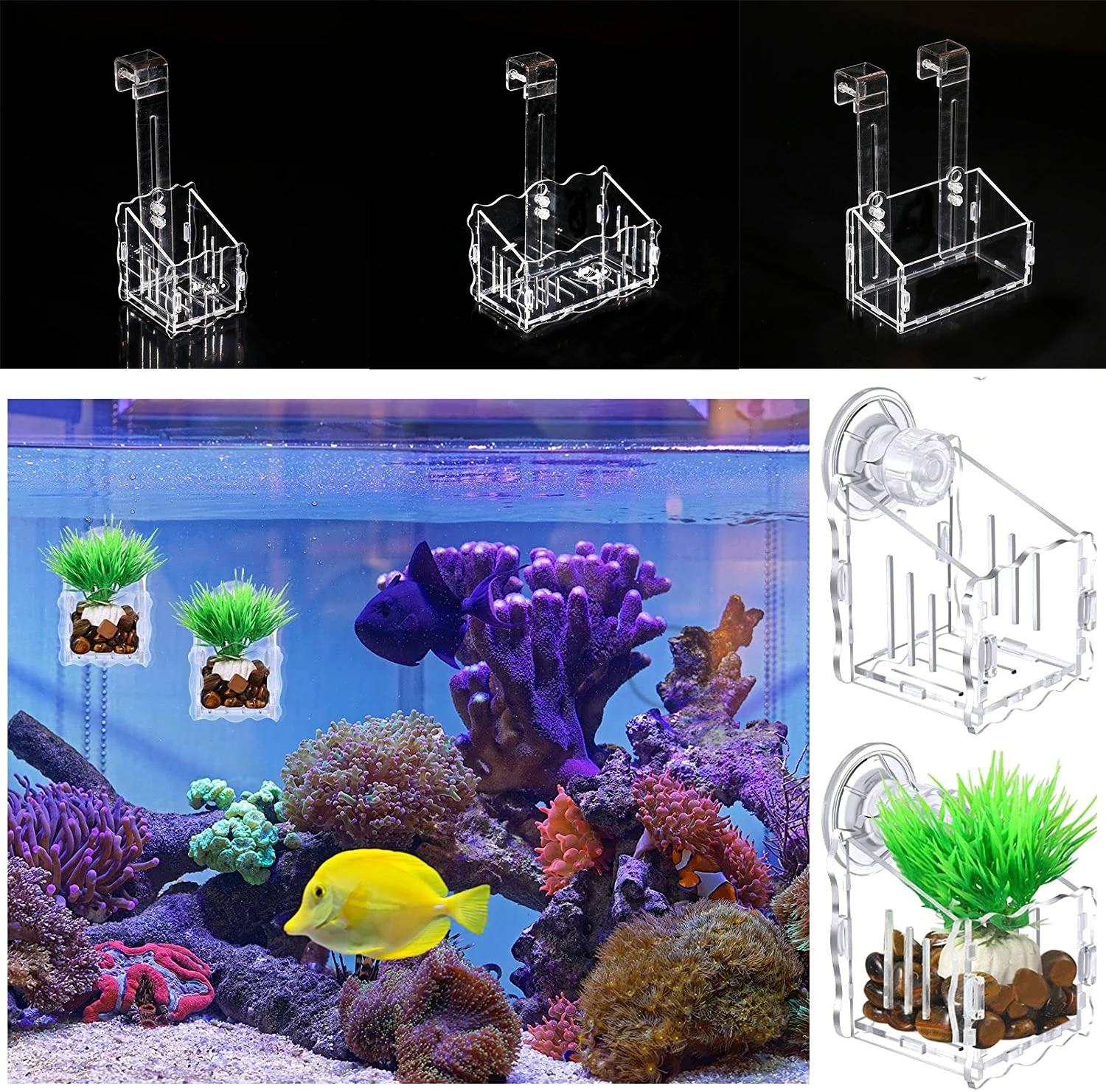 Acrylic Aquatic Plant Cup with Hole Fish Tank Plant Pot with Suction Cup- Plant Holder for Aquarium Holder Aquascape Decoration