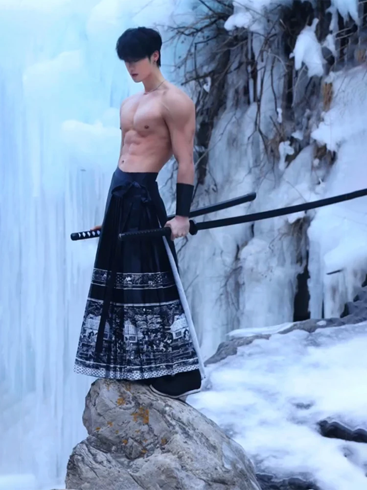 

New Chinese Sle Lightweight National Trend Tailed Skirt Men's Version Improved Hanfu Bla Skirt Pants for Young Peop...