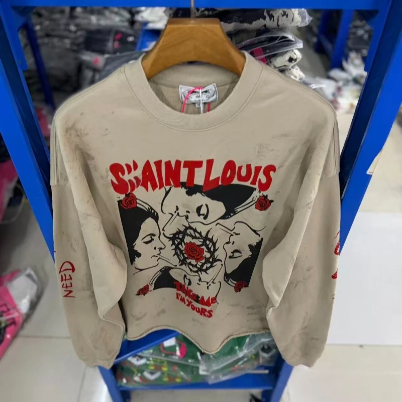 Khaki SSSAINT LOUIS Hoodies Men's Women's Letter Logo Print Vintage Oversized Sweatshirt