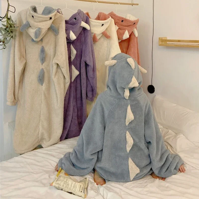 

Female Cute Pajamas Cartoon Ears Hooded Sleepwear Coral Fleece Lady Home Clothes Autumn Winter Women Sweet Warm Lounge Pyjamas