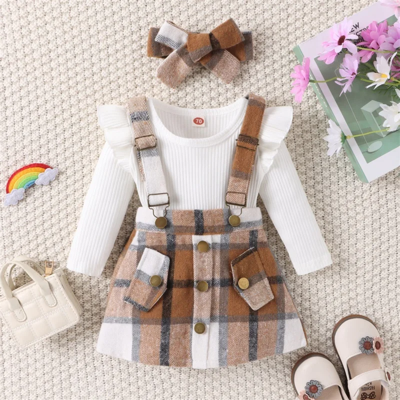 Baby Girl Autumn Clothes Set Fashion Newborn Infant Cotton Ruffle Romper Plaid Suspender Skirt Headband 3Pcs For Toddler Outfits