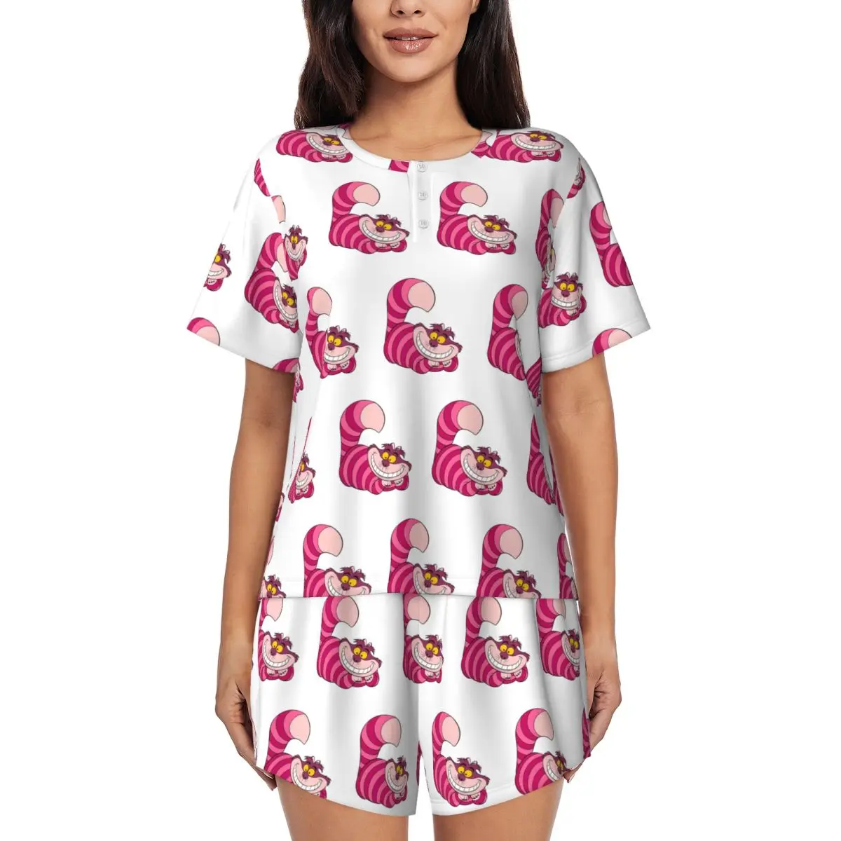 

Custom Alice In Wonderland Cheshire Cat Pajamas Set Women's 2-Piece Short Sleeve Sleepwear Loungewear PJS Shorts Sets