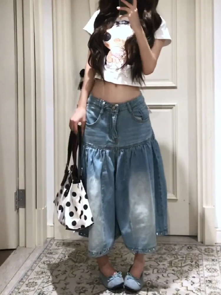 American Style Vintage Washed Beaded Seven-Foot Denim Skirt Women Summer Design Sense Pleated Loose Wide Leg Mid-Pants Hot Pants