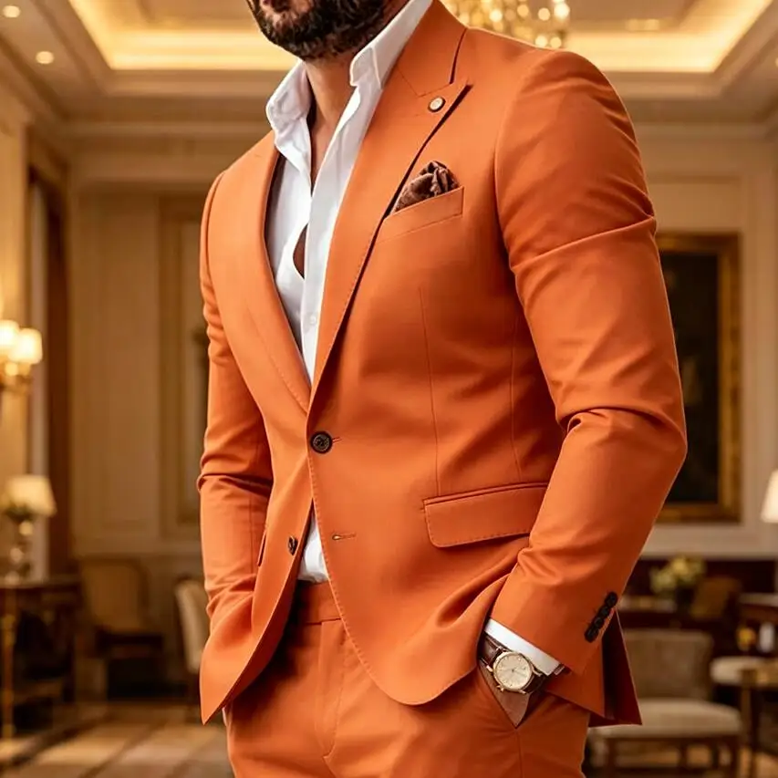 Orange Groom Men Suits Tuxedos for Wedding Slim Fit Business Men Suits Latest Design 2 Piece Blazer with Pants Set Male Fashion