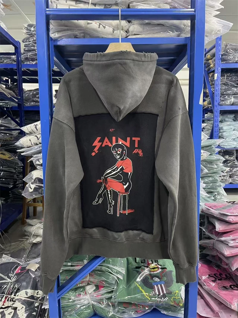 Autumn Winter Saint Vintage 25SS High Quality Pattern Printed Washed Hoodie Cotton Casual Loose Men Women Street Sweatshirt