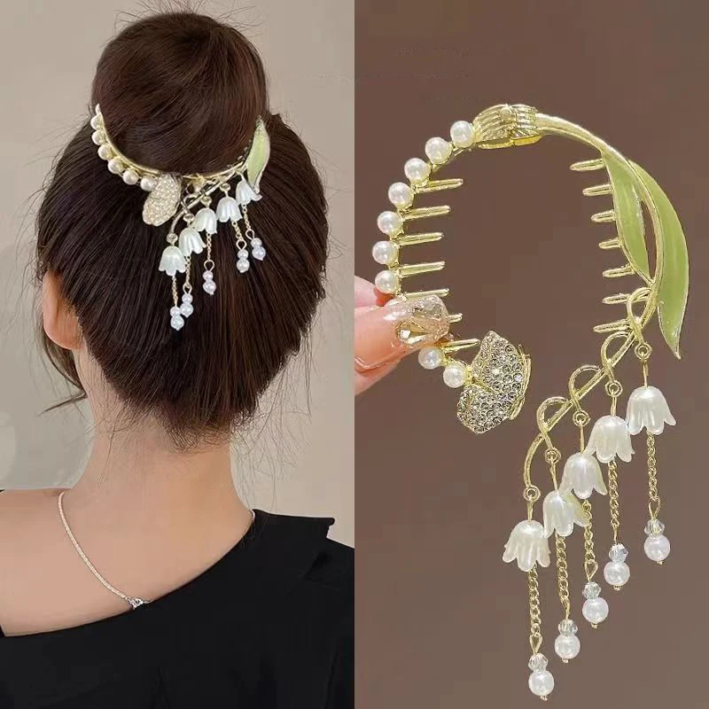 Elegant Hair Claw Pill Head Ponytail Buckle Ponytail Buckle Pearl Rhinestone Pearl Tassel Shark Clip Hairband Hair Clip Headdres