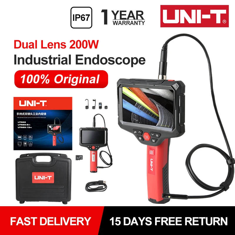 UNI-T Industrial Endoscope Dual Lens UT668 200W Pixel HD Camera Endoscope Photo Video Record Automotive Boroscope 1M 5M 10M Tube