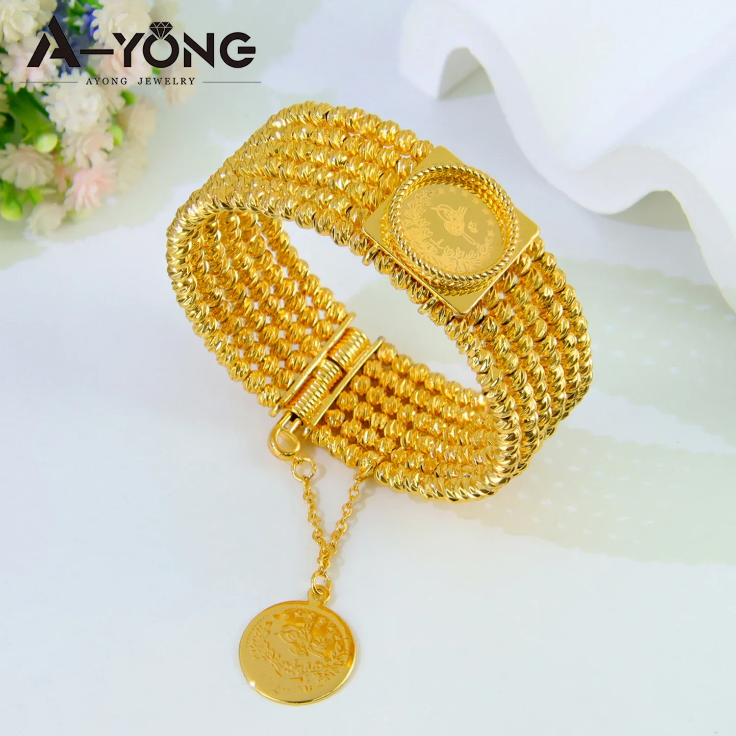 Algeria Bridal Wedding Cuff Bangles 24k Gold Plated Nigeria Luxury Multi Layer Bead Bracelet Women Gold Engagement Jewelry