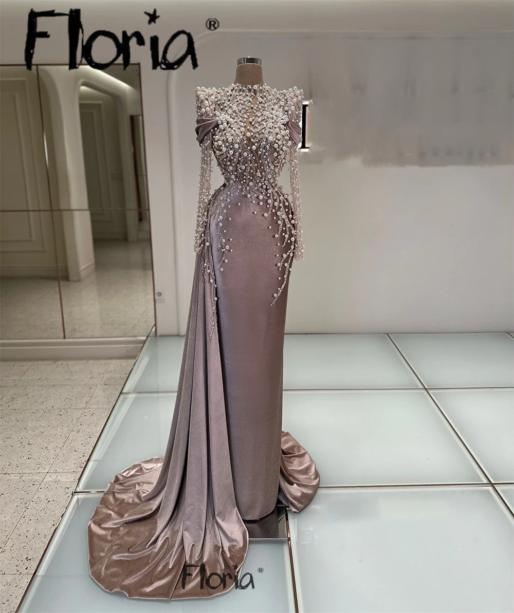 Floria Velvet Evening Dress Pearls Stone Embellished Wedding Reception Dinner Gowns Heavy Handmade Customized Vestido De Noiva