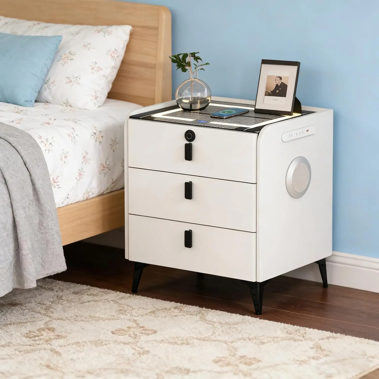 Wireless Charging Nightstand Fingerprint Lock Drawer USB LED Bluetooth Speaker Side Table Bedroom Living Room Customized