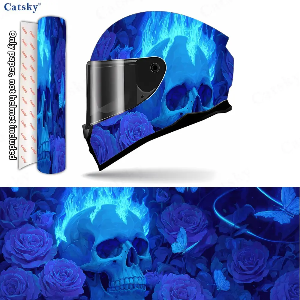 

Skull Rose Blue Flame Art Helmet Vinyl Wraps, Waterproof Scratch-Resistant Full Face Helmet Decals, Durable PVC Decoration Prote