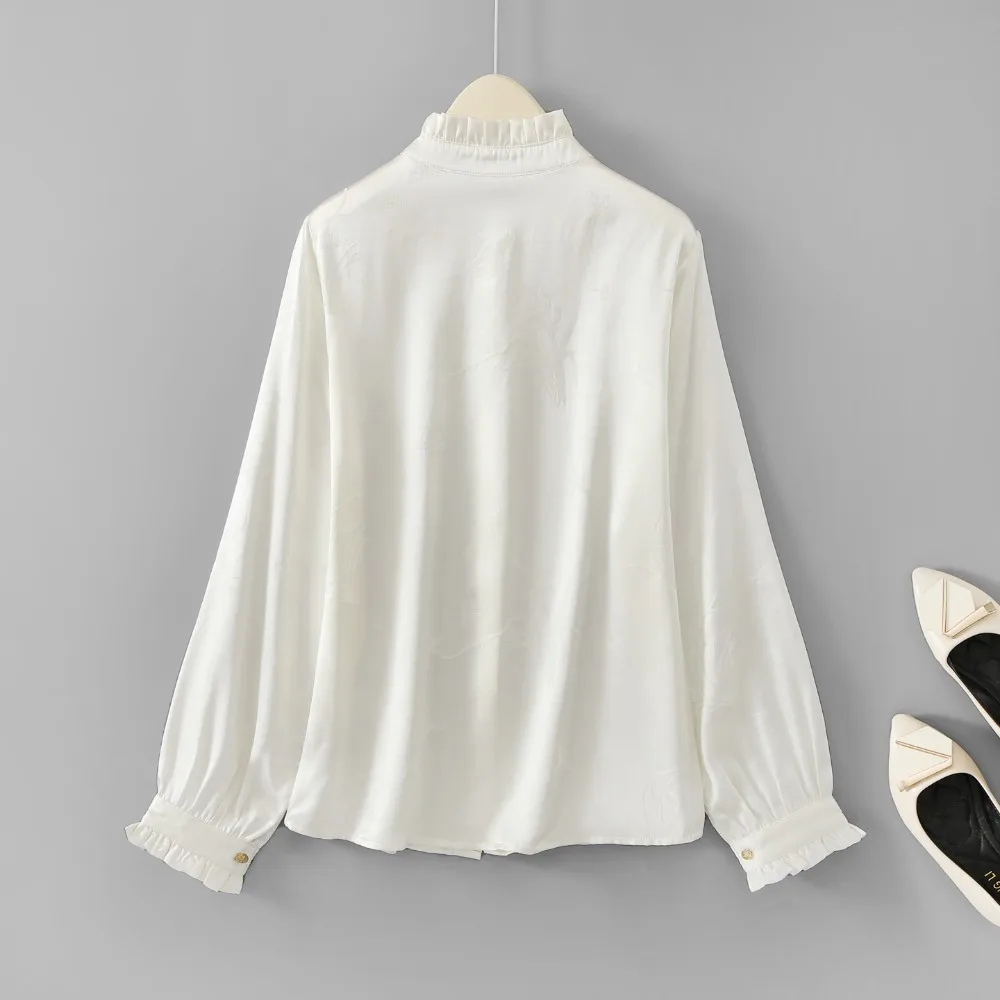 30MM Heavy Satin 100% Natural Mulberry Silk Jacquard Satin French Fungus Edge Temperament Women's Stand Up Collar Shirt