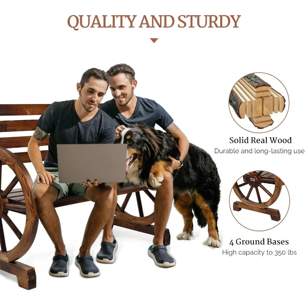 41" Rustic Wooden Wheel Bench Outdoor Bench, 2-Person Patio Bench Wagon Slatted Seat, Garden Benches for Outdoors 350lbs