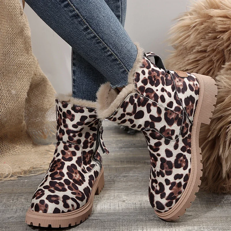 Ciepłe futrzane damskie zamszowe buty na średnim obcasie Casual Designer Leopard Femme Shoes Winter 2024 New Short Plush Walking Chelsea Boots