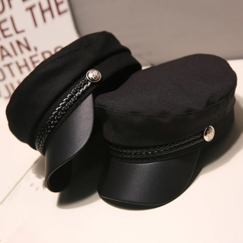 Für Frauen Männer Schwarz Flache Top Kapitän Kappe Reise Kadett Hut Mode Vintage Baskenmütze Unisex PU Leder Caps Frühling Herbst Sailor Hüte