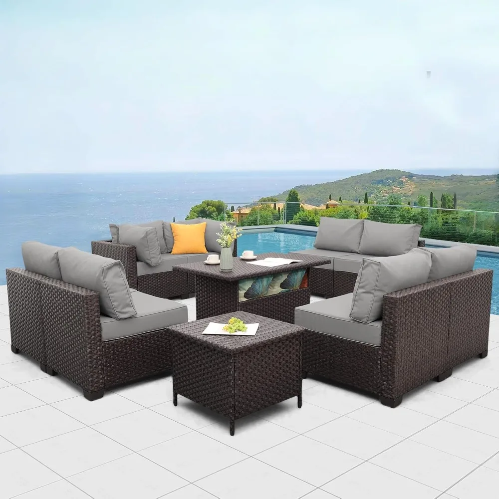 Outdoor Patio Furniture Set Dark Brown Rattan 10 Piece Sectional Sofa PE Wicker Conversation Couch Sets with Storage Table