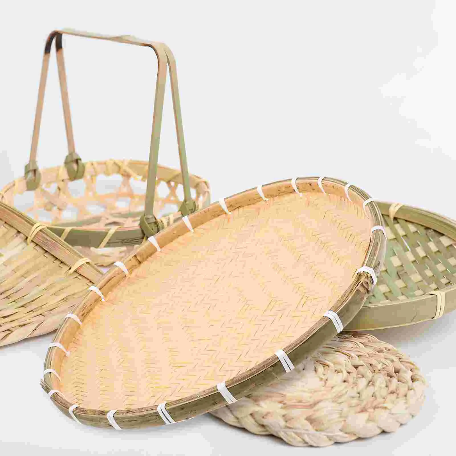 Drying Dustpan Bamboo Woven Tray Dessert Plate Basket for Eating Food Snack Storage Container Round Trays No Hole Fruit