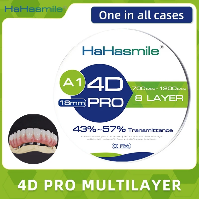 HaHasmile 4D Pro Multilayer Zirconia Block A1 A2 A3 Color 8 Layers 98mm Cad Cam Super Translucency 43%-57% Dental Lab Material