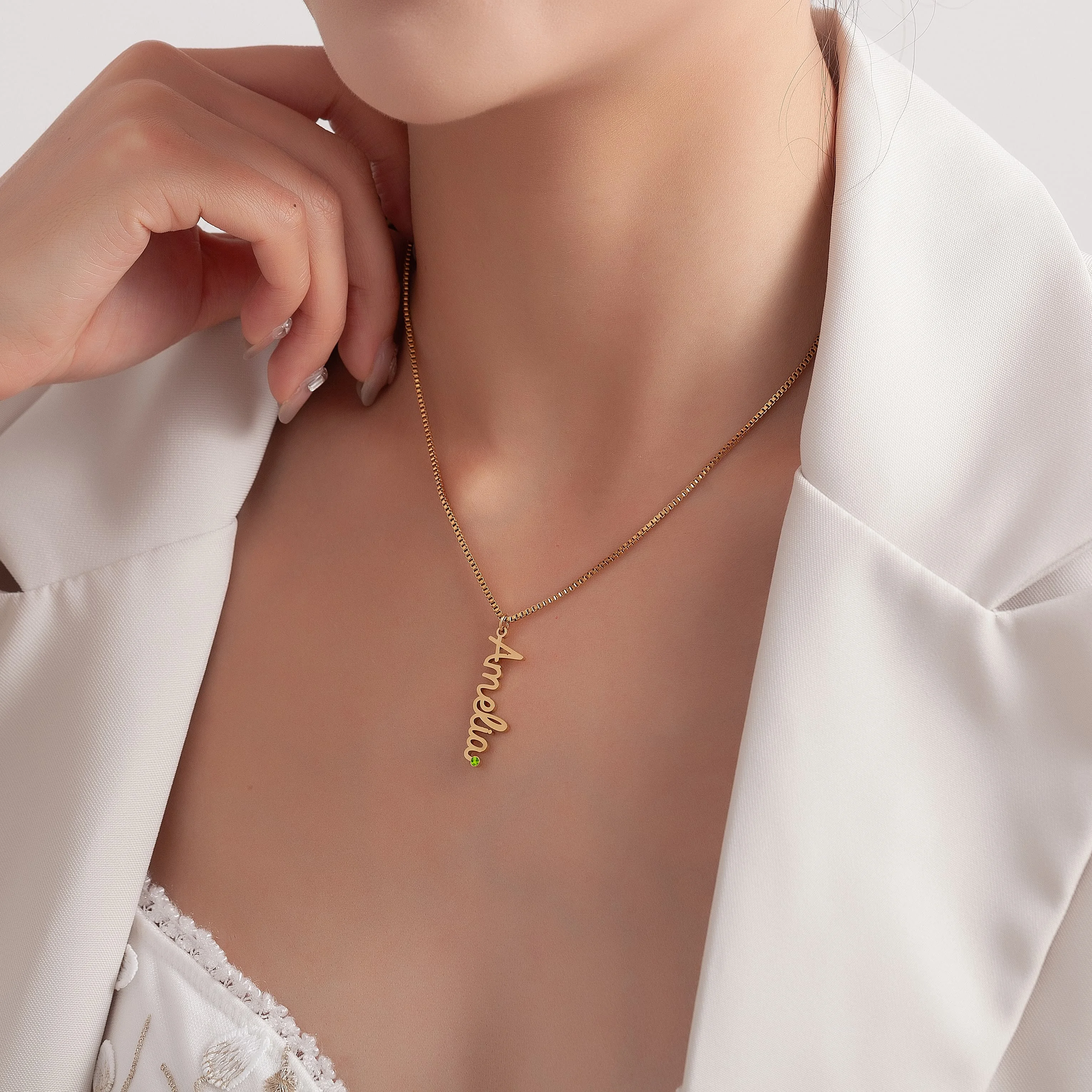 Minimalist Vertical Name Necklace with Box Chain Birthstone Name Necklace Personalized Birthday Gift Jewelry for Mom