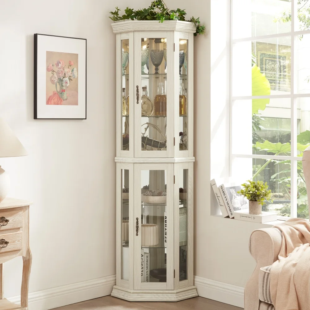 Lighted Corner Curio Cabinet with Tempered Glass Doors, Wooden Corner Display Cabinet, Bar Storage Cabinet with Adjustable Glass Shelves, Bead Bulb Included