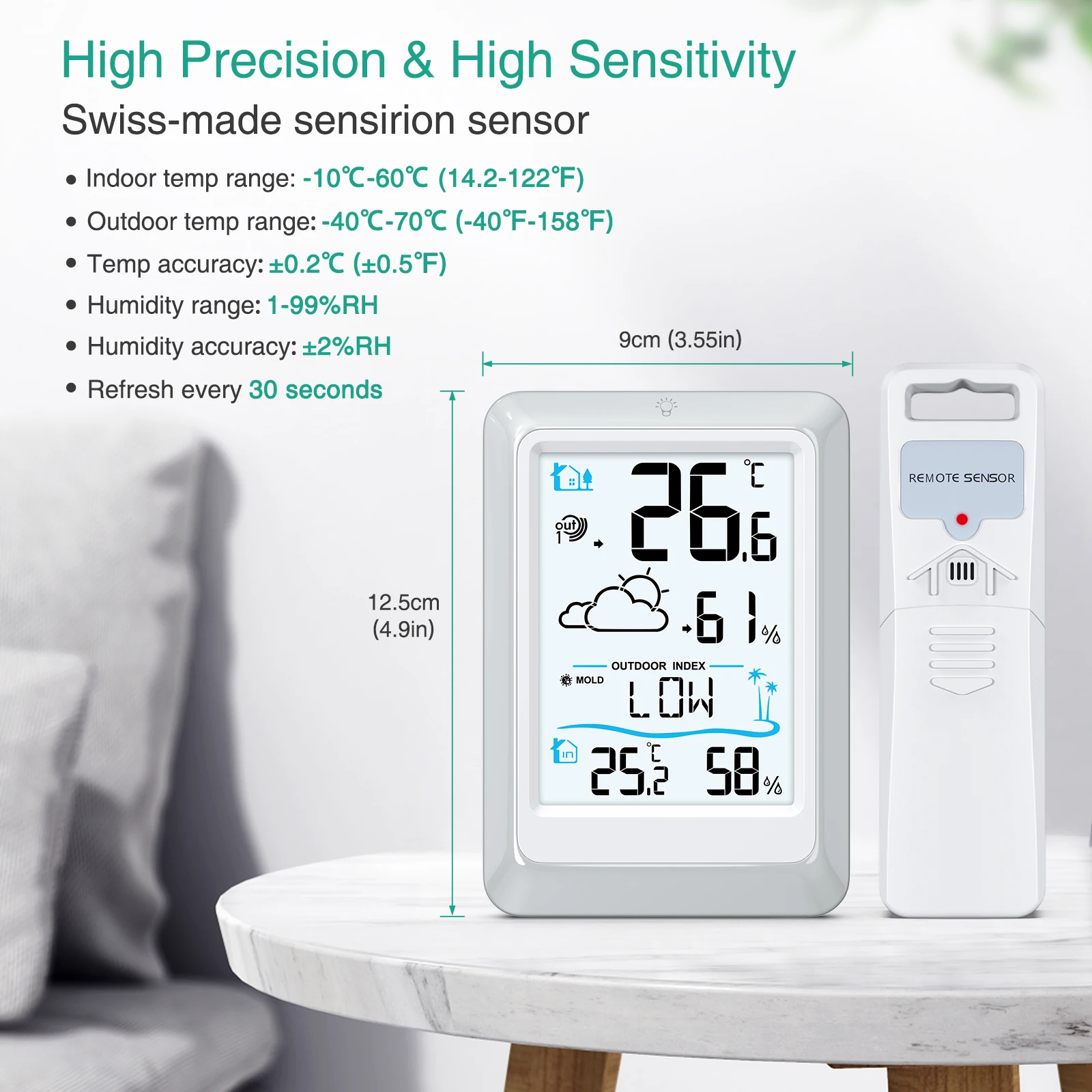 ORIA Wireless Weather Station Digital Forecast Station Temperature and Humidity Monitor Indoor Outdoor Thermometer With Sensor