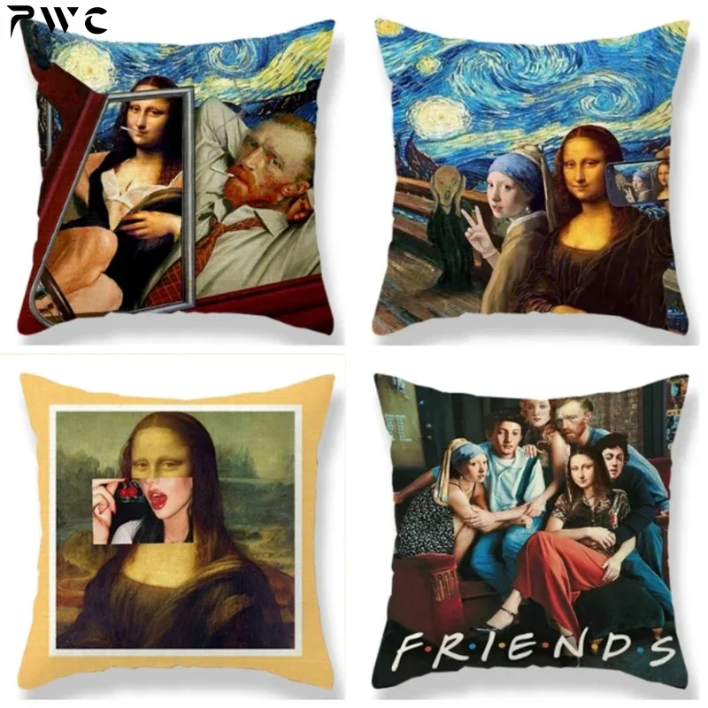 

Oil Painting Portrait Decorative Linen Cushion Cover Mona Lisa Print Pillow Case For Sofa Chair Home Decor Gift 45x45cm