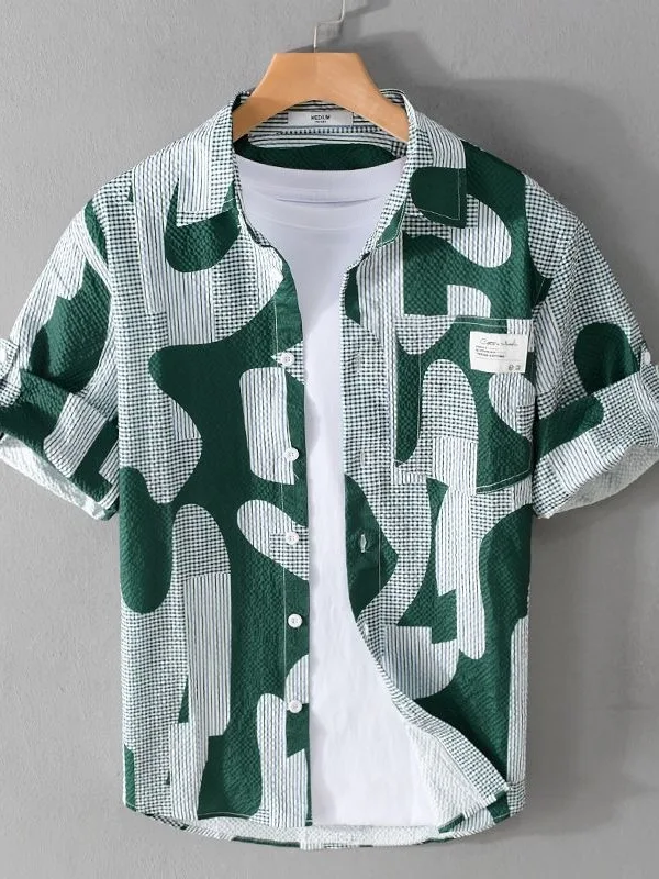 Summer Men's Ice Silk Short Sleeve Shirt Comfortable Bubble Texture Patchwork Color Trendy Bubble Blend Casual Fashion