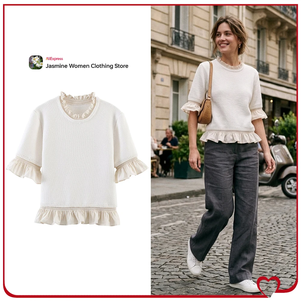 

New in Stylish Combined Knit Short Sleeve Jumpers for Women Summer Casual Round Neck Short Sleeve Knit Tops with Combined Fabric