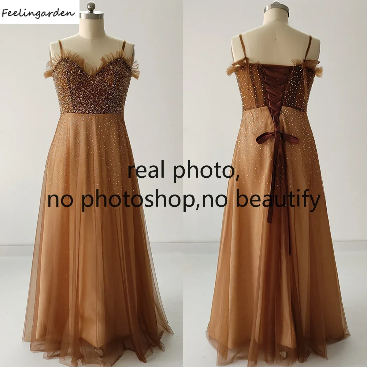 

Feelingarden Evening Dress Plus size Real Photo Brown Beads Handmade A-Line Floor-Length Robe De Soiree Women Formal Party Gown