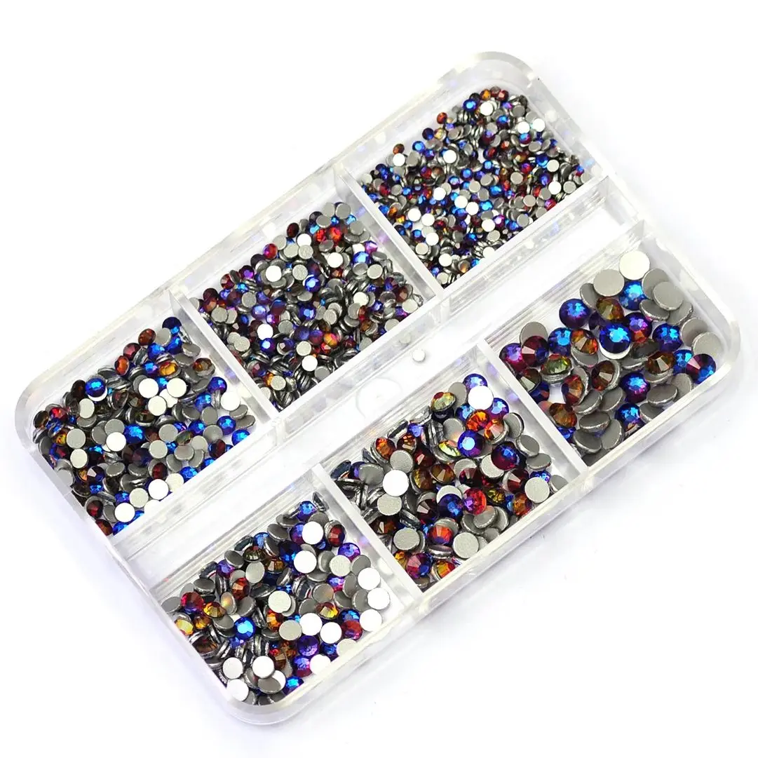 

6 Grids/Box Bermuda Blue Nail Rhinestones Flat Bottom Mixed Size SS4-SS16 Nails Accessories for DIY Design Nail Art Decoration