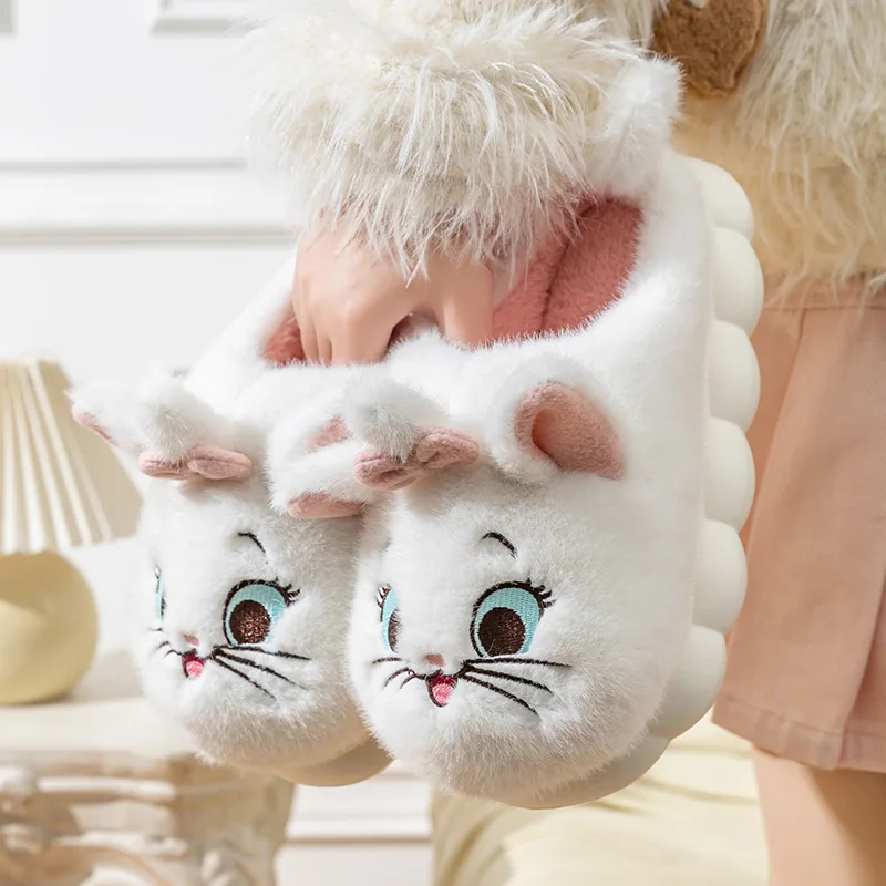 Disney Marie Cat Girls Cotton Slippers Soft Winter Warmer Indoor Warmth Preservation Non Slip Bedroom Children\'s Plush Shoes