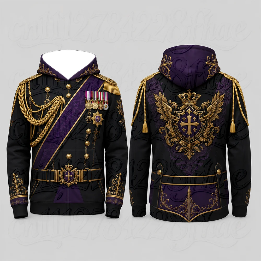 Halloween Men Military Uniform Hoodie Medal Epaulet Graphic 3D Print Long Sleeve Sweatshirt Pullover Vintage Holiday Streetwears