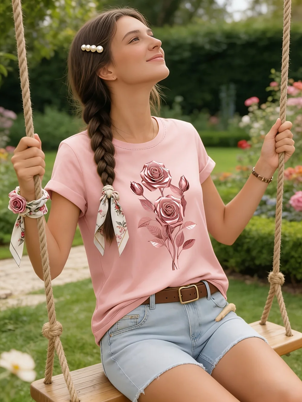 Fashion Women Rose Printed T-Shirt O-Neck Short Sleeve T-Shirt Simple Design Versatile Daily Wear Elegant Style Women Clothing