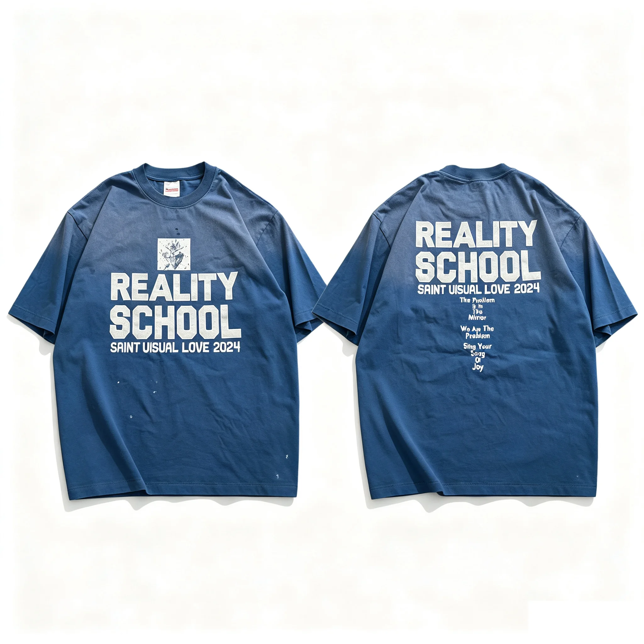 Unisex Faded Washed Cotton Fabric Front Back Text Graphic Oversized Retro College Aesthetic Daily Street Casual T‑Shirt