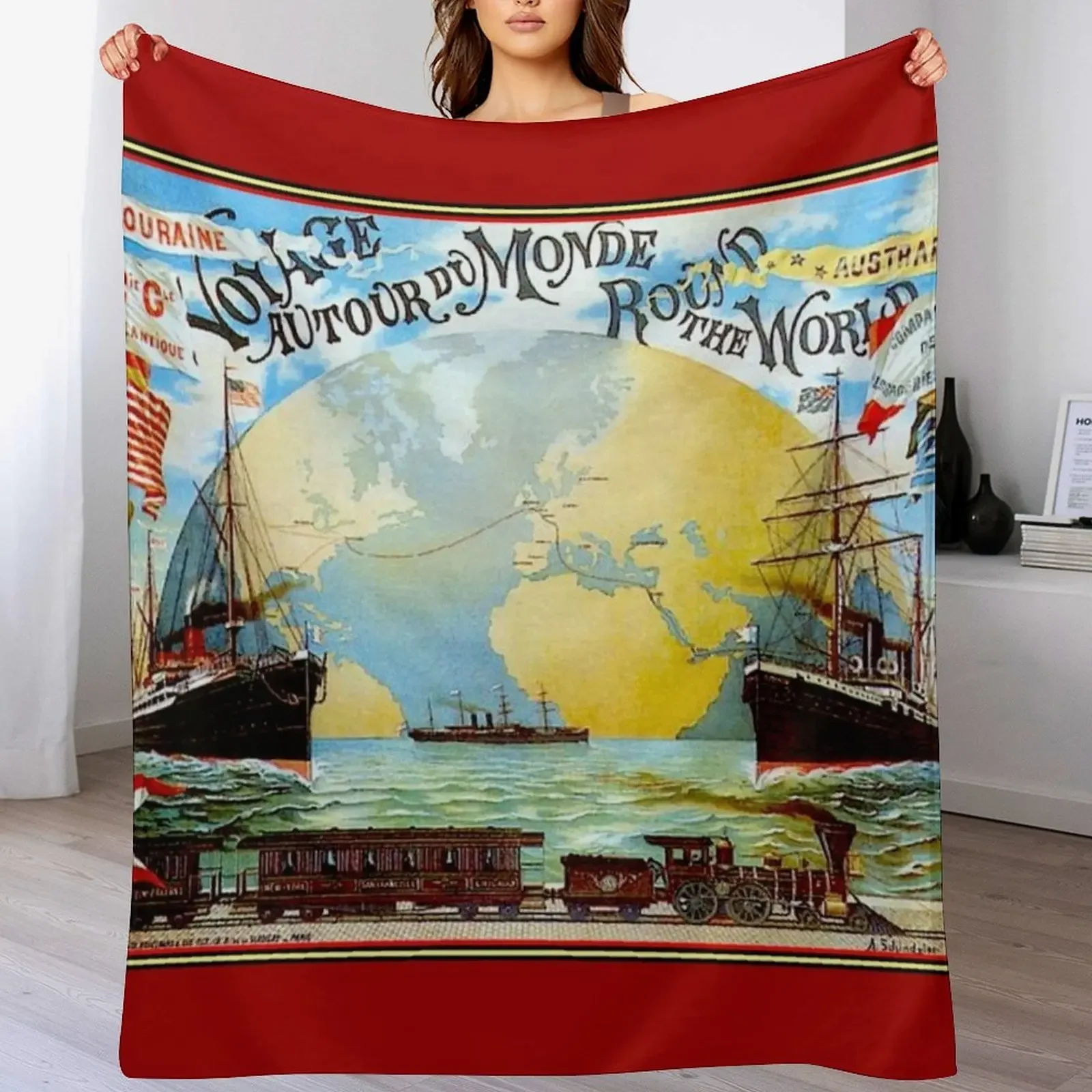 

Around The World in 80 Days; Vintage Jules Verne Print Throw Blanket Fuzzy Plush Throw Blanket for Sofa Chair