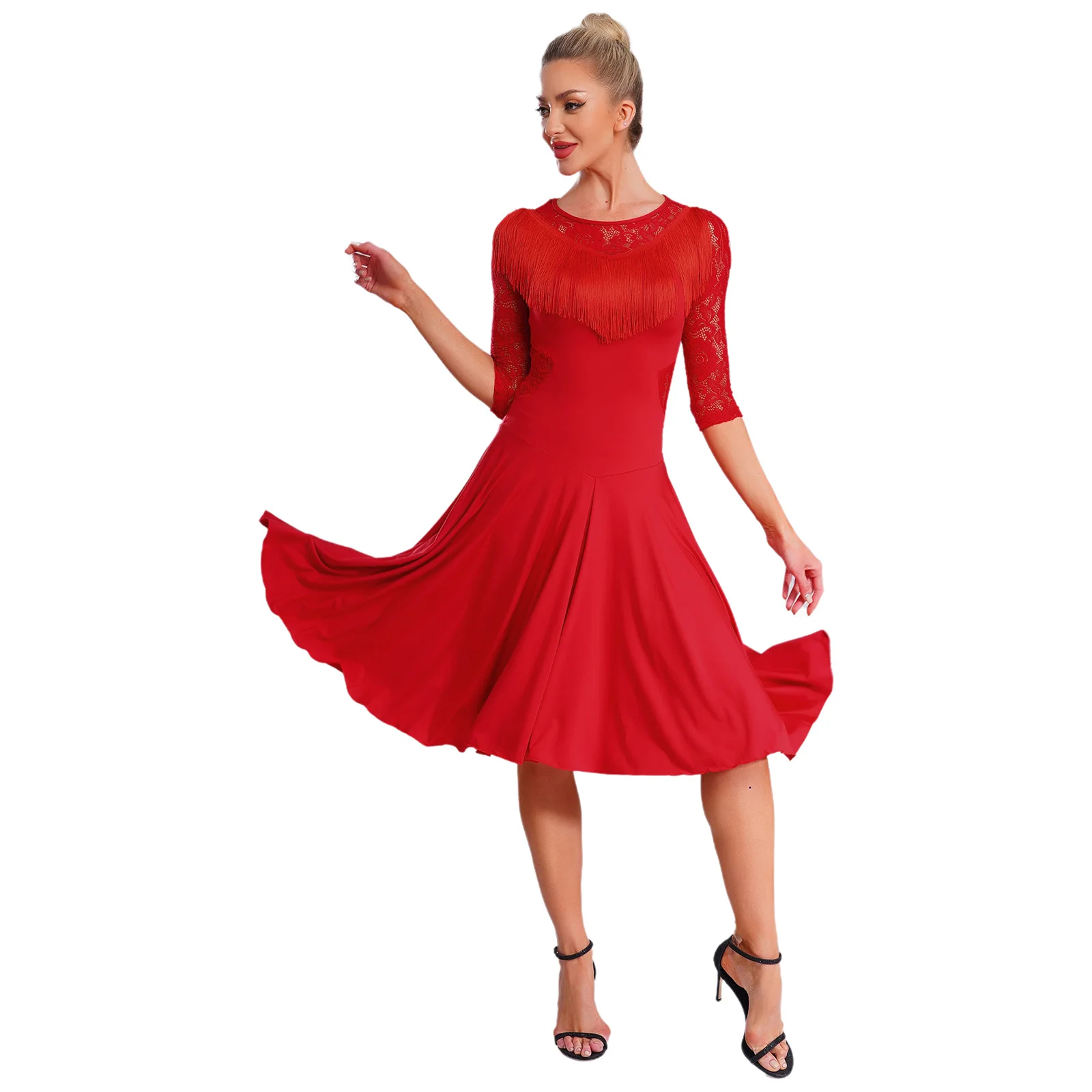 2Pcs Womens Latin Rumba Dance Dress Sheer Floral Lace Flowy Tassel 3/4 Sleeve Swing Dress+Safety Shorts for Samba Tango Dance