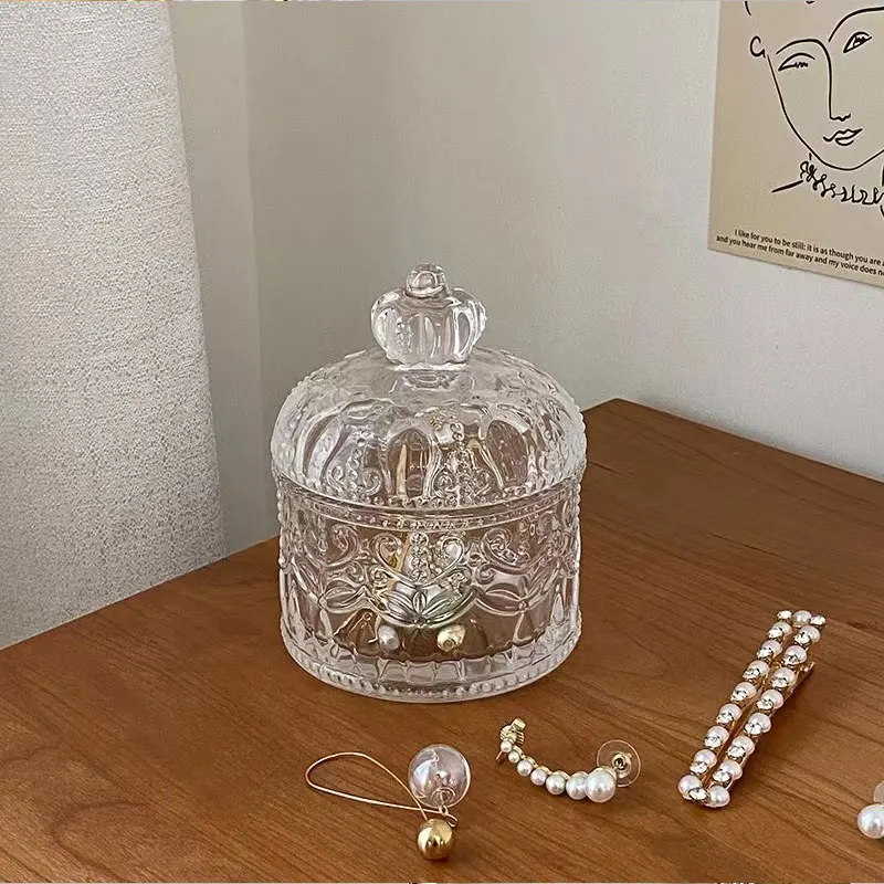 Light Luxury Ins Style Clear Glass Crystal Storage Jar Jewelry Box Vintage Decor Ornament Exquisite Jewelry Storage Organizer