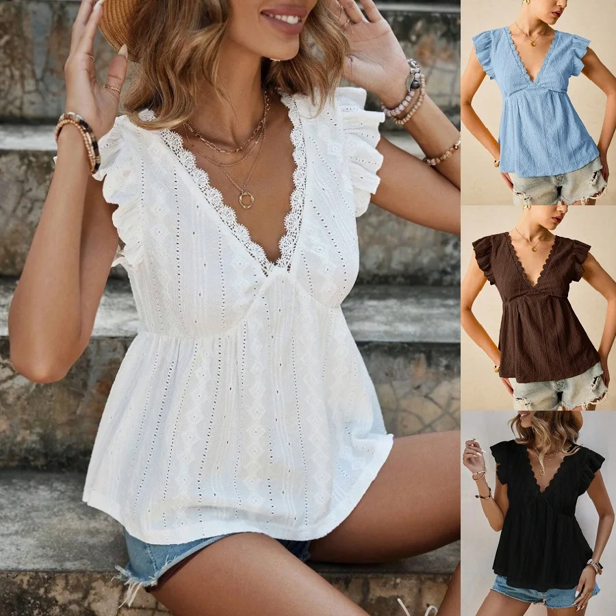 

2025 Women's Hollow Out Deep V-Neck Blouse Flounce Sleeve Lace Trim T-Shirt Spring Summer Fashion Top Summer Holiday T-Shirts