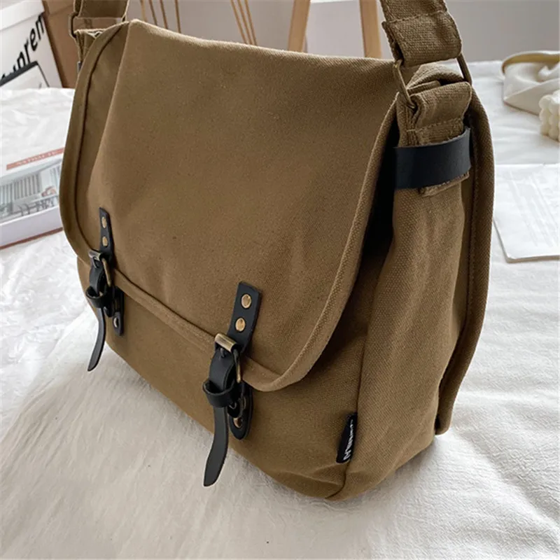 Retro Womens Shoulder Messenger Bag Mens Fashion Postman Cover Solid Color Canvas Bag Large Capacity Crossbody Bags for Women