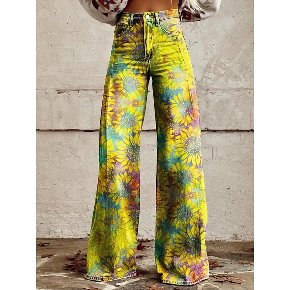 Vintage Paisley Blumenmuster Hohe Taille Weite Hose Sexy Damenhose 100% Baumwolle Lässige Lockere Hose mit Taschen XXS-3XL – Detail 5